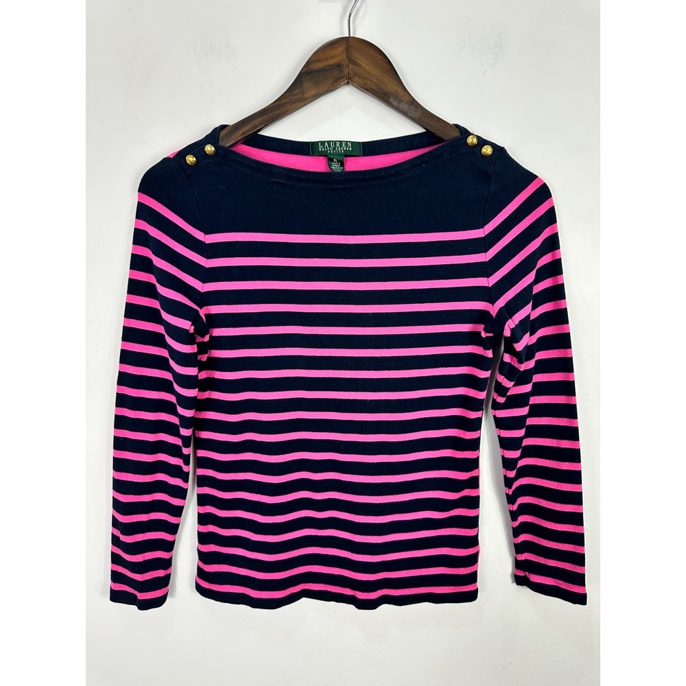 Lauren Ralph Lauren Striped Boat Neck Top Navy Pink Gold Crest Button Size PS